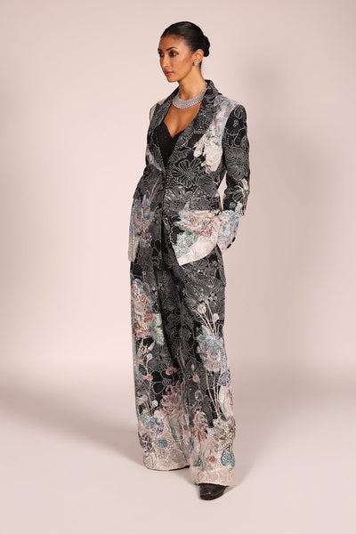 Ranna Gill Ellis Embroidered Floral Co-Ord Set in black with metallic floral embroidery.