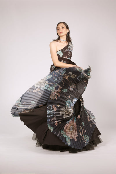 Ranna Gill Selesta One Shoulder Pleated Designer Gown in black-blue ombre.