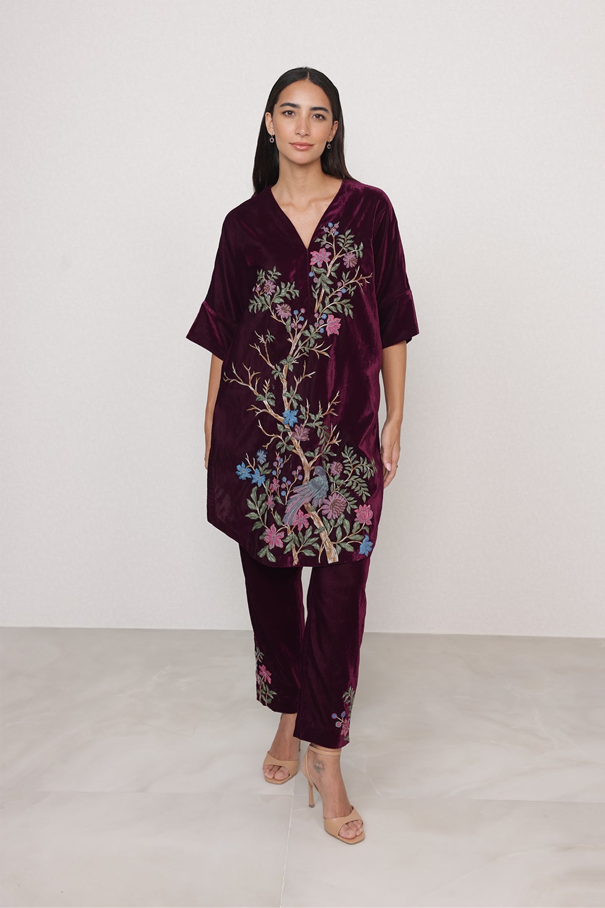 Ranna Gill Montevia oxblood velvet tunic set.