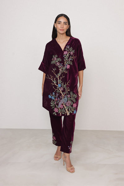 Ranna Gill Montevia oxblood velvet tunic set.