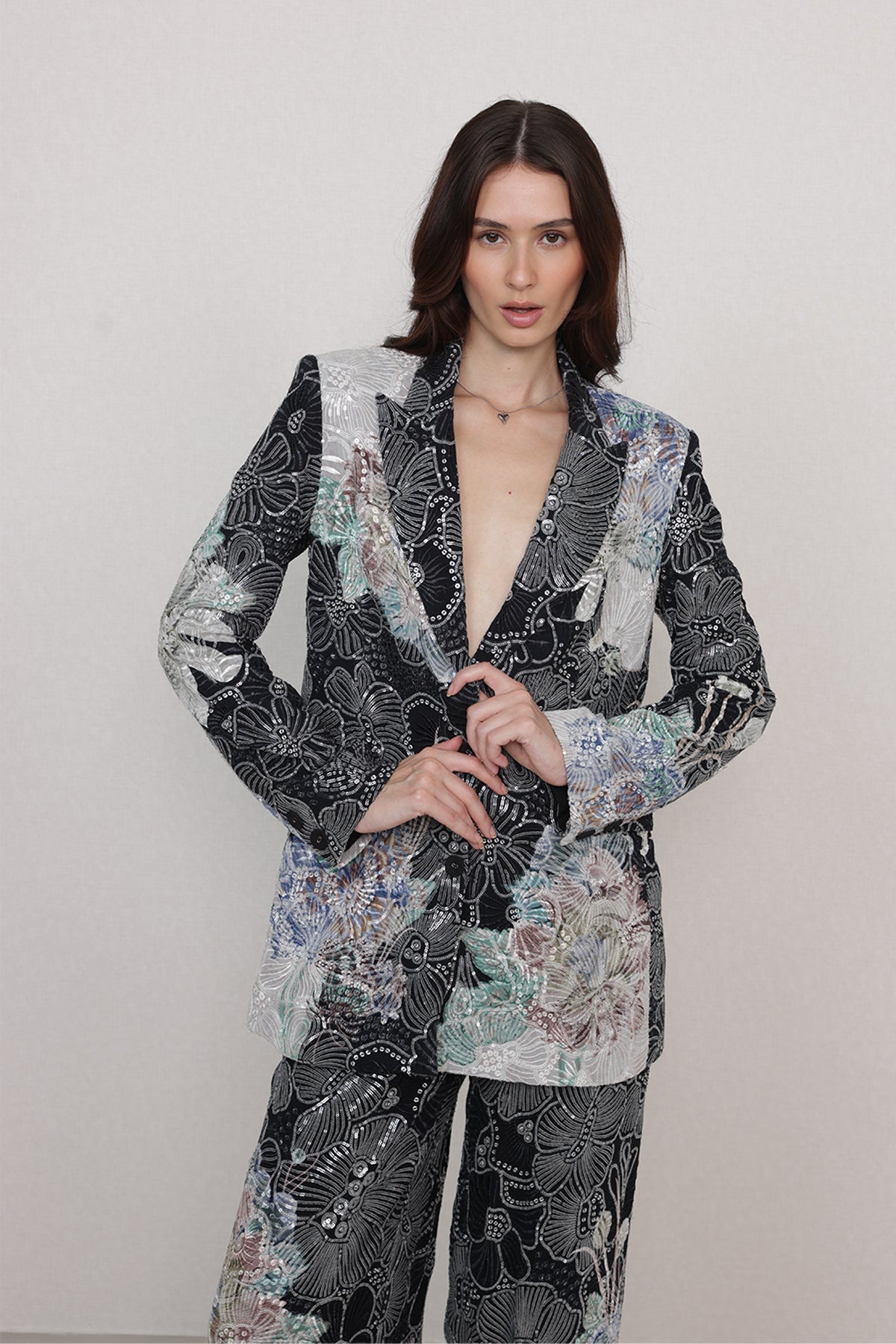 Ranna Gill Ellis Embroidered Floral Co-Ord Set in black with metallic floral embroidery.