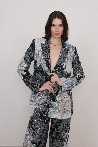 Ranna Gill Ellis Embroidered Floral Co-Ord Set in black with metallic floral embroidery.