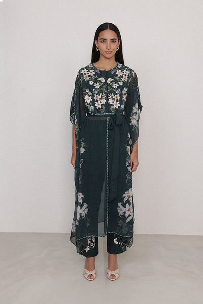 Ranna Gill Valdora Tunic Set in bottle green floral print with tonal belt.
