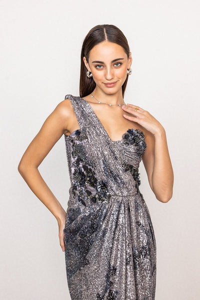 Ranna Gill Emberline Grey One Shoulder Floral Sequin Drape Gown.
