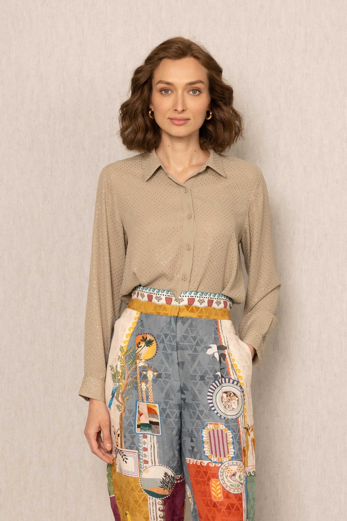 Ezra Buttondown Shirt by ranna gill in georgette with tonal crystal detailing and bishop sleeves.