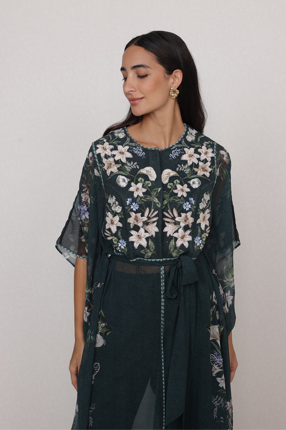 Ranna Gill Valdora Tunic Set in bottle green floral print with tonal belt.