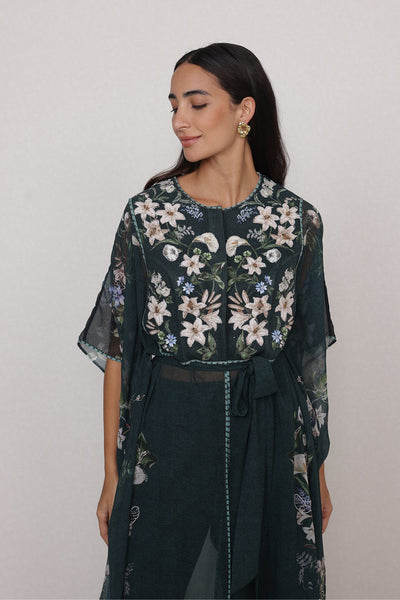 Ranna Gill Valdora Tunic Set in bottle green floral print with tonal belt.