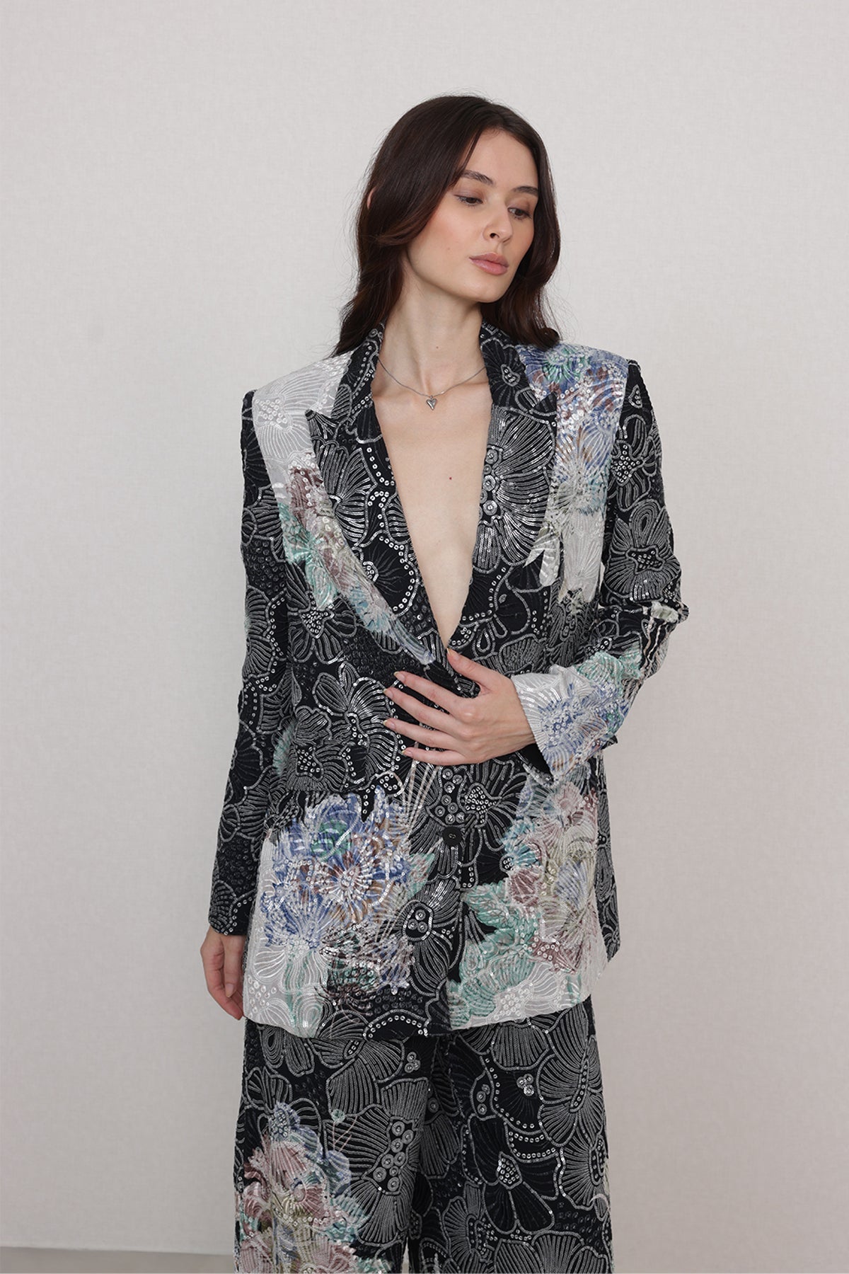 Ranna Gill Ellis Embroidered Floral Co-Ord Set in black with metallic floral embroidery.