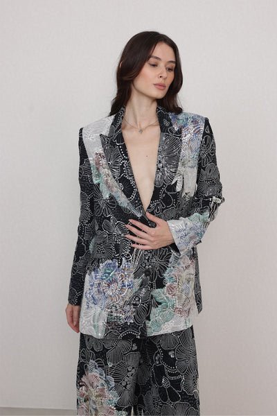 Ranna Gill Ellis Embroidered Floral Co-Ord Set in black with metallic floral embroidery.