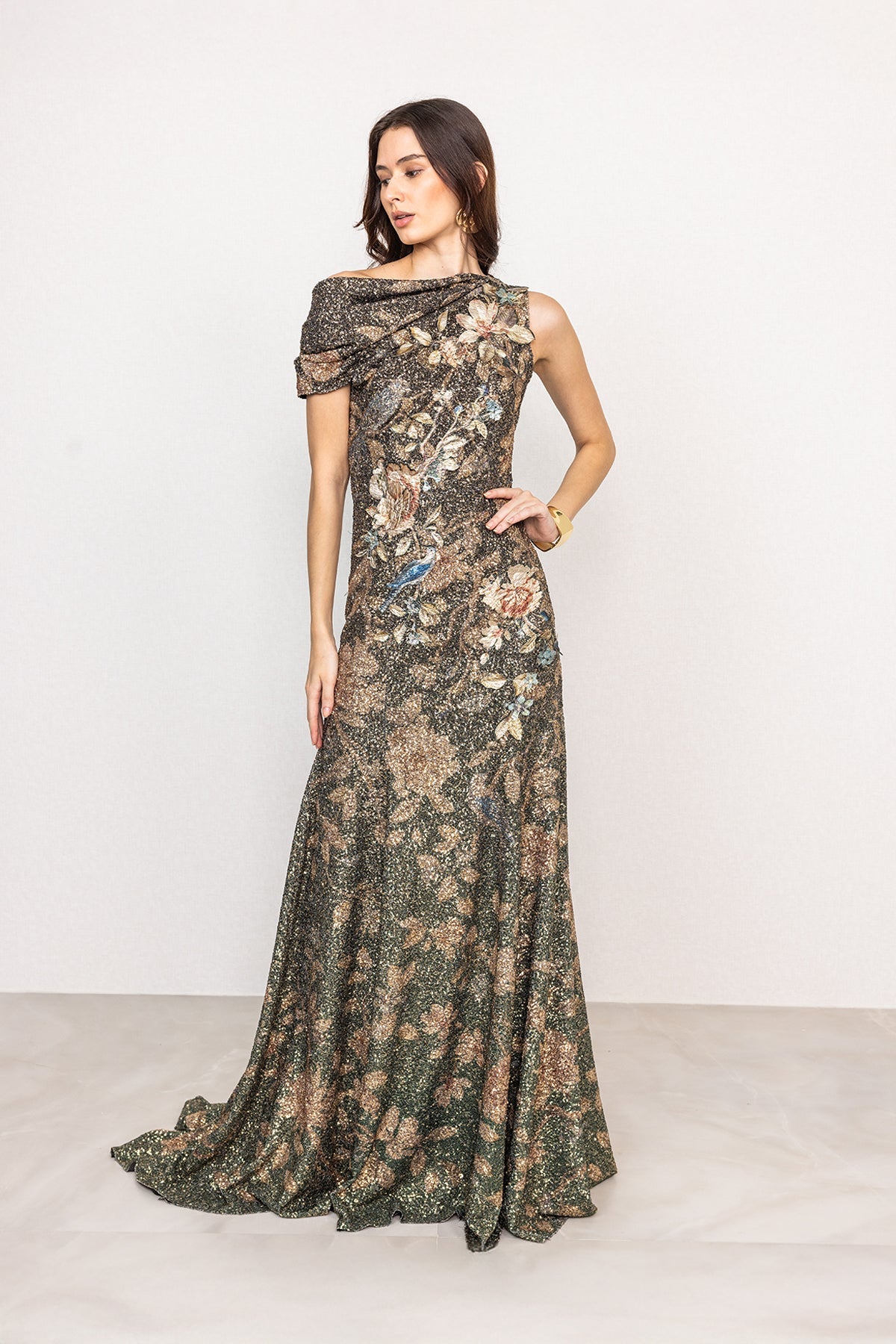 Ranna Gill Aureline Hunter Green Floral One Shoulder Sequin Gown.