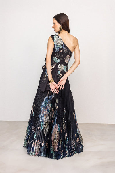 Ranna Gill Selesta One Shoulder Pleated Designer Gown in black-blue ombre.