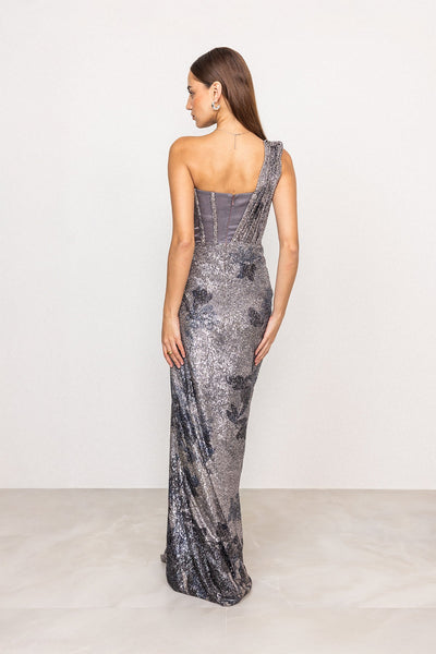 Ranna Gill Emberline Grey One Shoulder Floral Sequin Drape Gown.