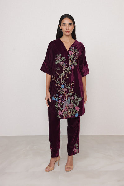 Ranna Gill Montevia oxblood velvet tunic set.