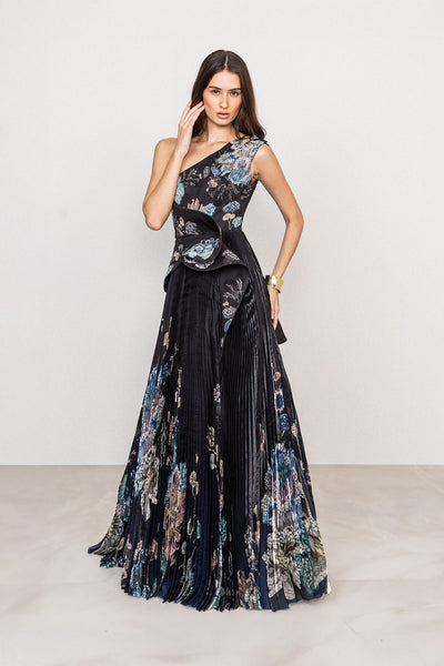 Ranna Gill Selesta One Shoulder Pleated Designer Gown in black-blue ombre.