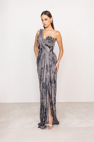 Ranna Gill Emberline Grey One Shoulder Floral Sequin Drape Gown.