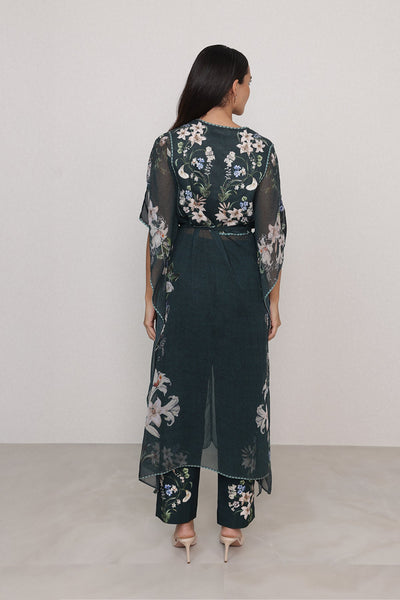 Ranna Gill Valdora Tunic Set in bottle green floral print with tonal belt.