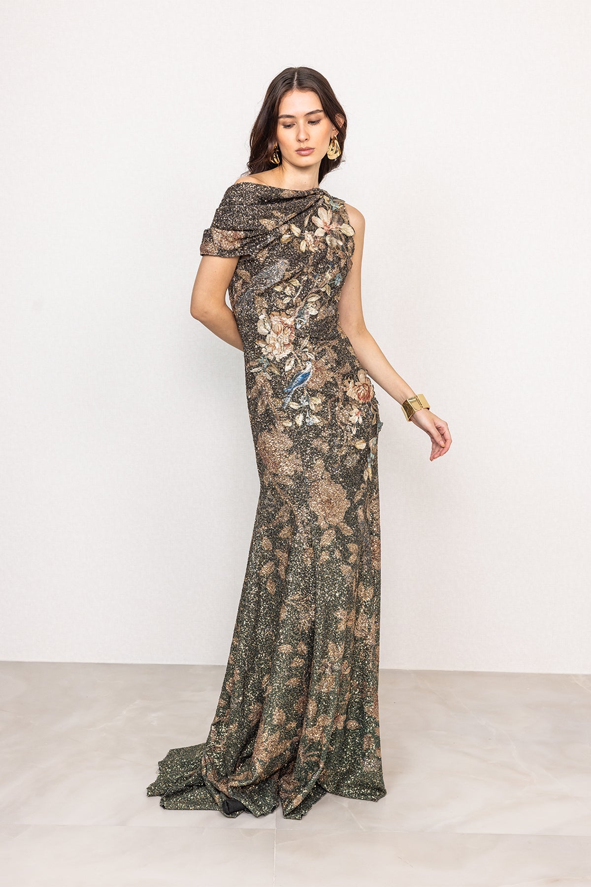 Ranna Gill Aureline Hunter Green Floral One Shoulder Sequin Gown.