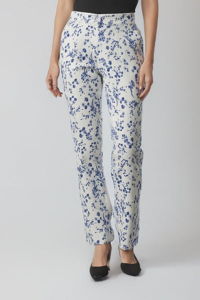 Ranna Gill Blue floral printed viscose linen white pants.