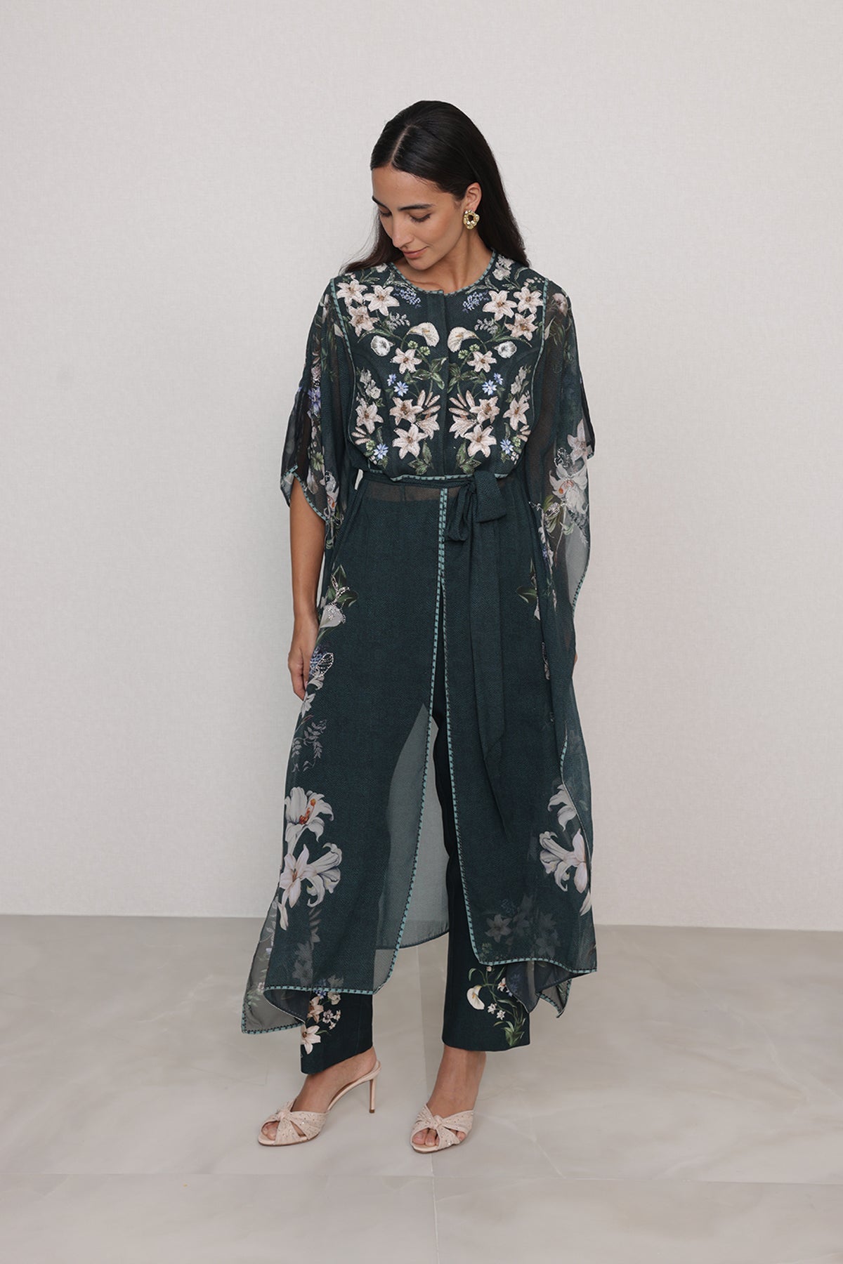 Ranna Gill Valdora Tunic Set in bottle green floral print with tonal belt.