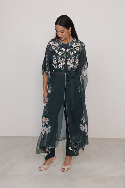 Ranna Gill Valdora Tunic Set in bottle green floral print with tonal belt.