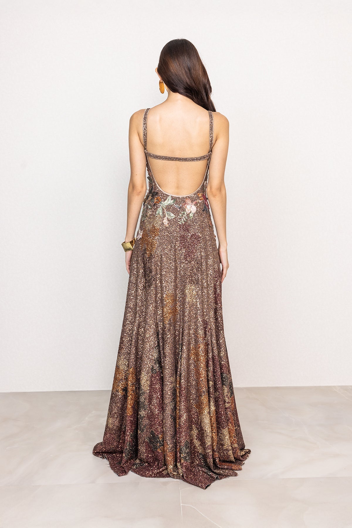 Ranna Gill Stardrift Rust Gold Sequin V-Neck Gown.