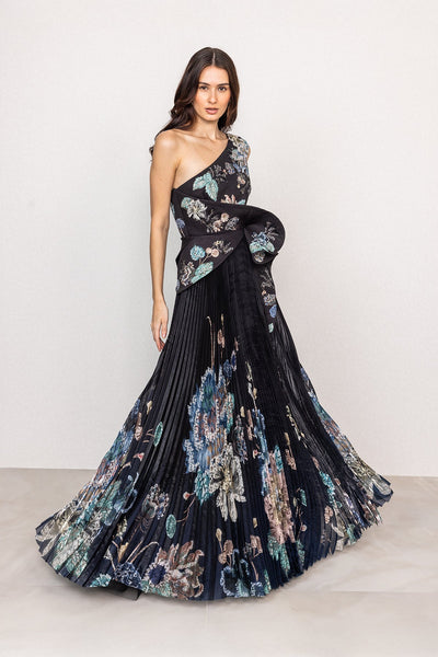 Ranna Gill Selesta One Shoulder Pleated Designer Gown in black-blue ombre.