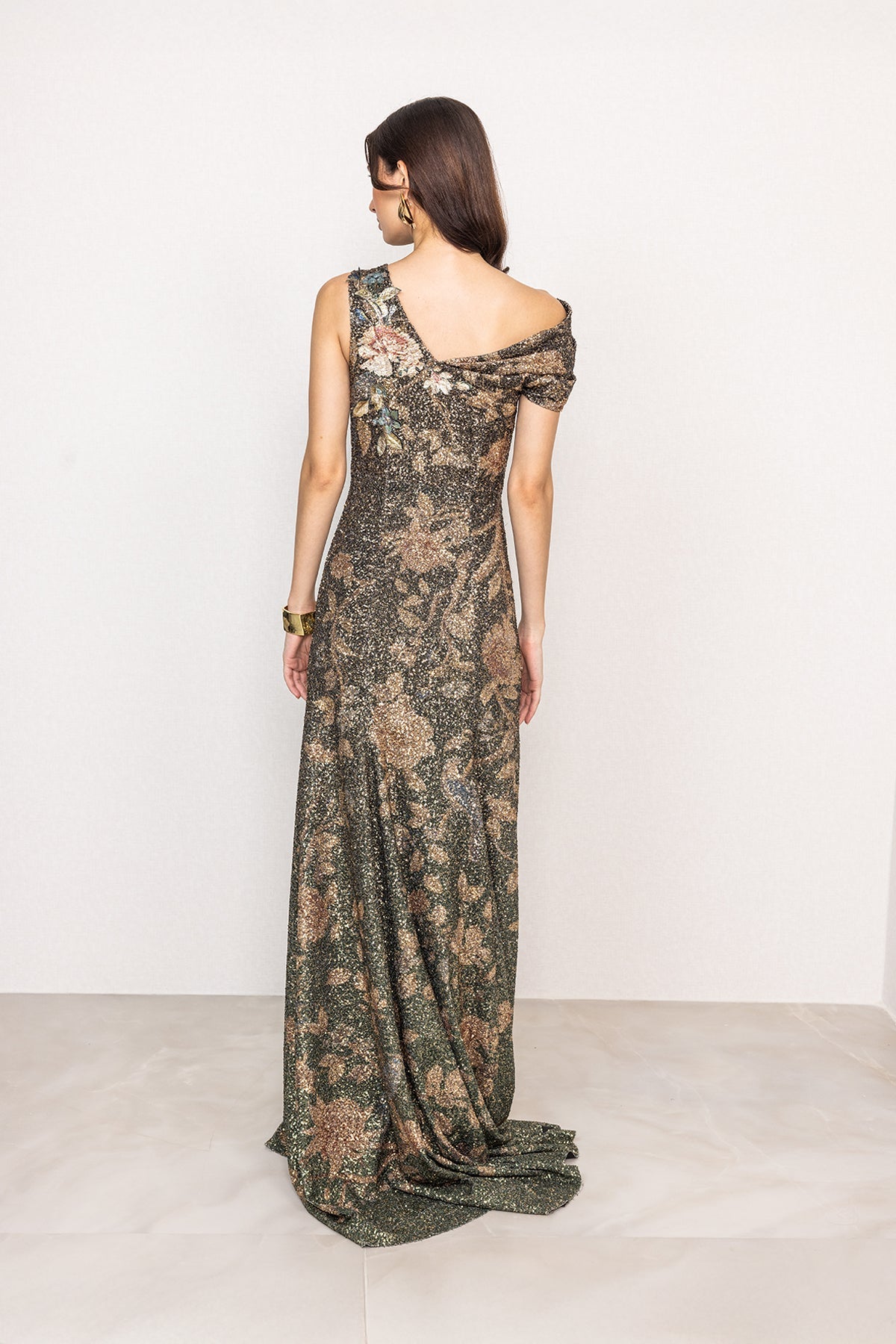 Ranna Gill Aureline Hunter Green Floral One Shoulder Sequin Gown.