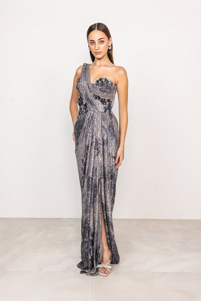 Ranna Gill Emberline Grey One Shoulder Floral Sequin Drape Gown.