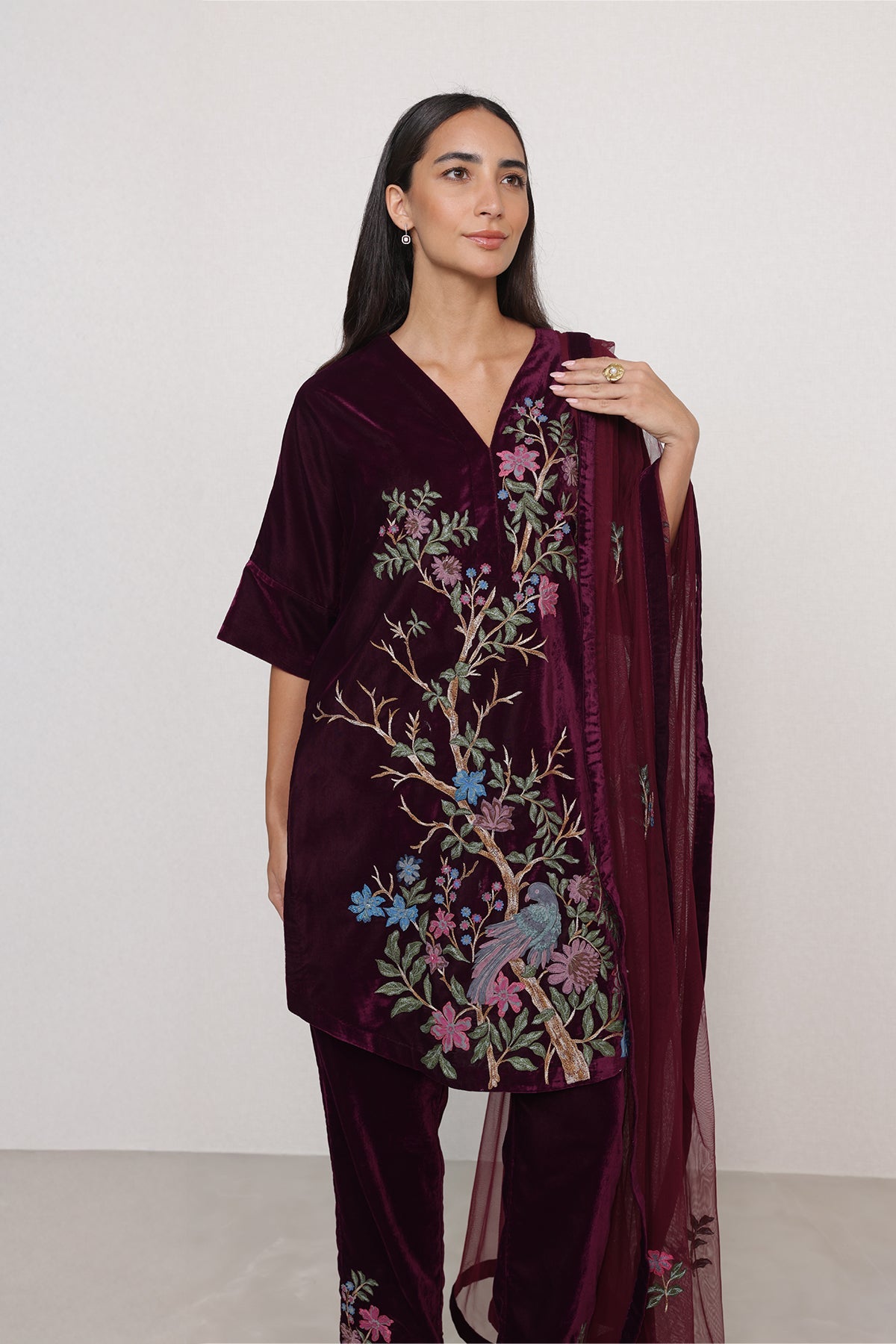 Ranna Gill Montevia oxblood velvet tunic set.