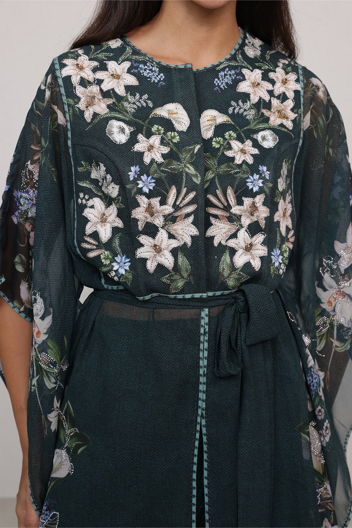 Ranna Gill Valdora Tunic Set in bottle green floral print with tonal belt.