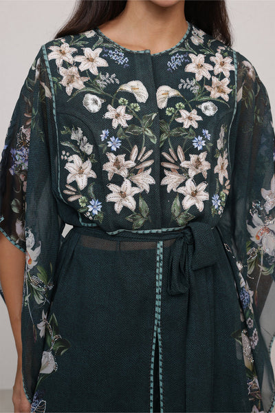 Ranna Gill Valdora Tunic Set in bottle green floral print with tonal belt.