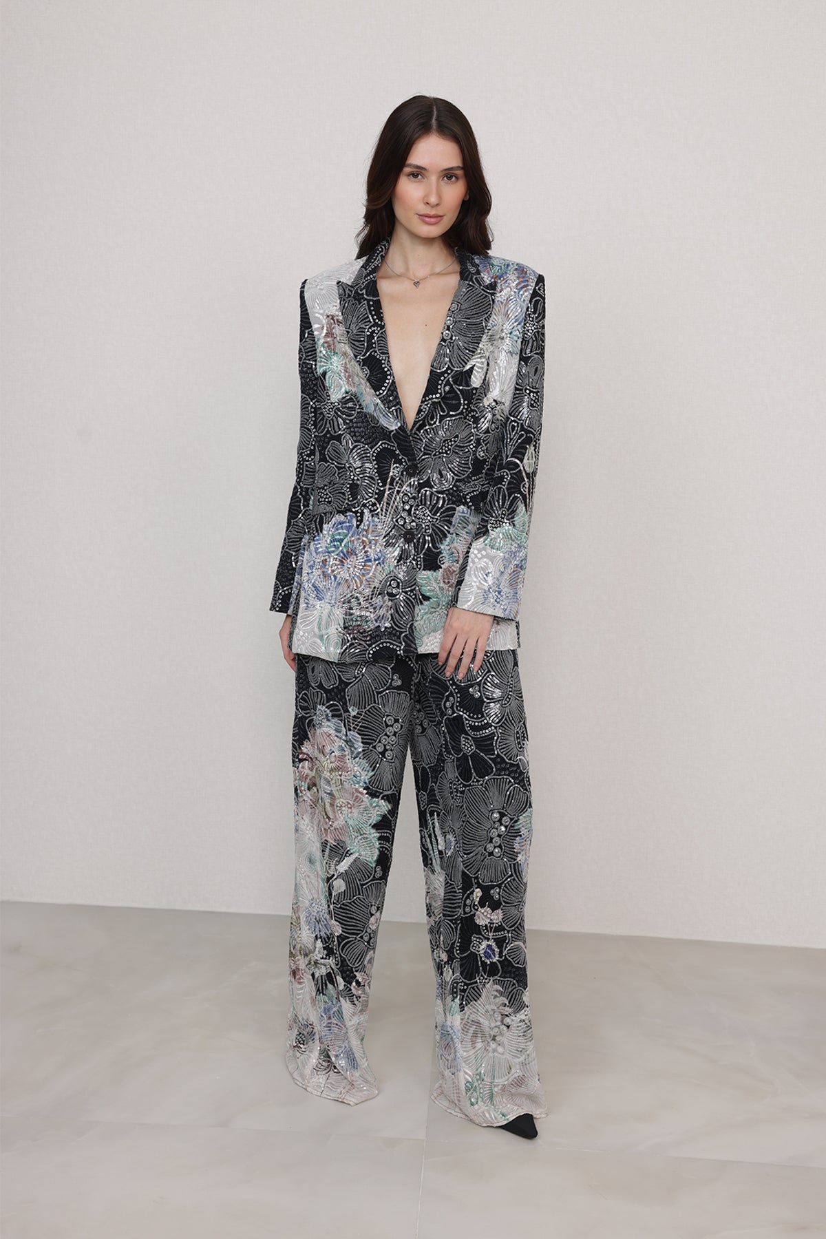 Ranna Gill Ellis Embroidered Floral Co-Ord Set in black with metallic floral embroidery.