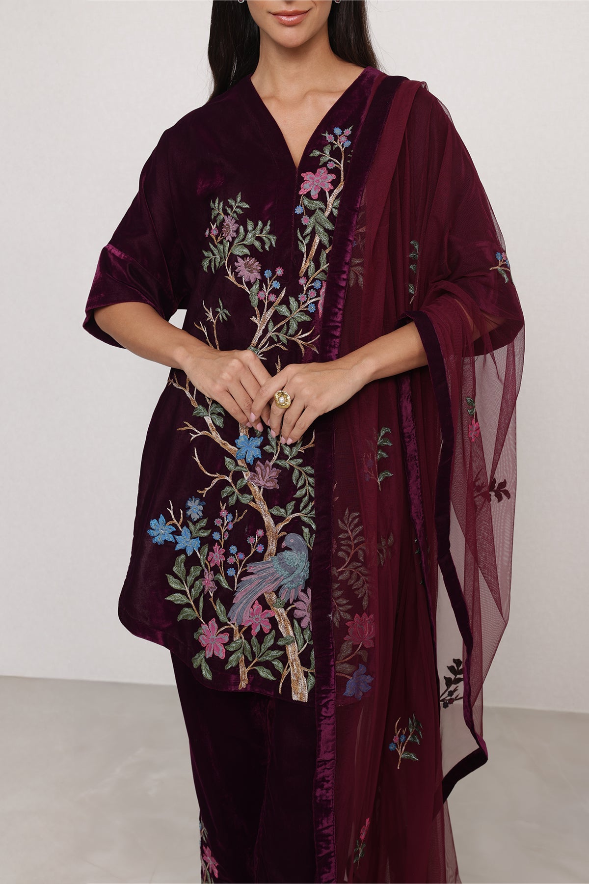 Ranna Gill Montevia oxblood velvet tunic set.