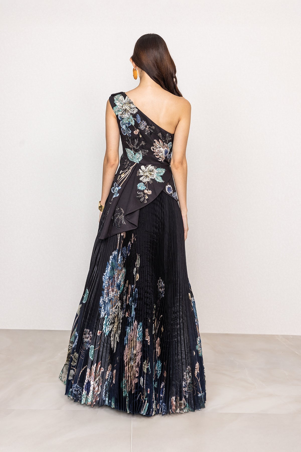 Ranna Gill Selesta One Shoulder Pleated Designer Gown in black-blue ombre.