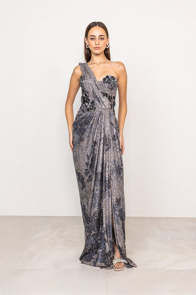 Ranna Gill Emberline Grey One Shoulder Floral Sequin Drape Gown.