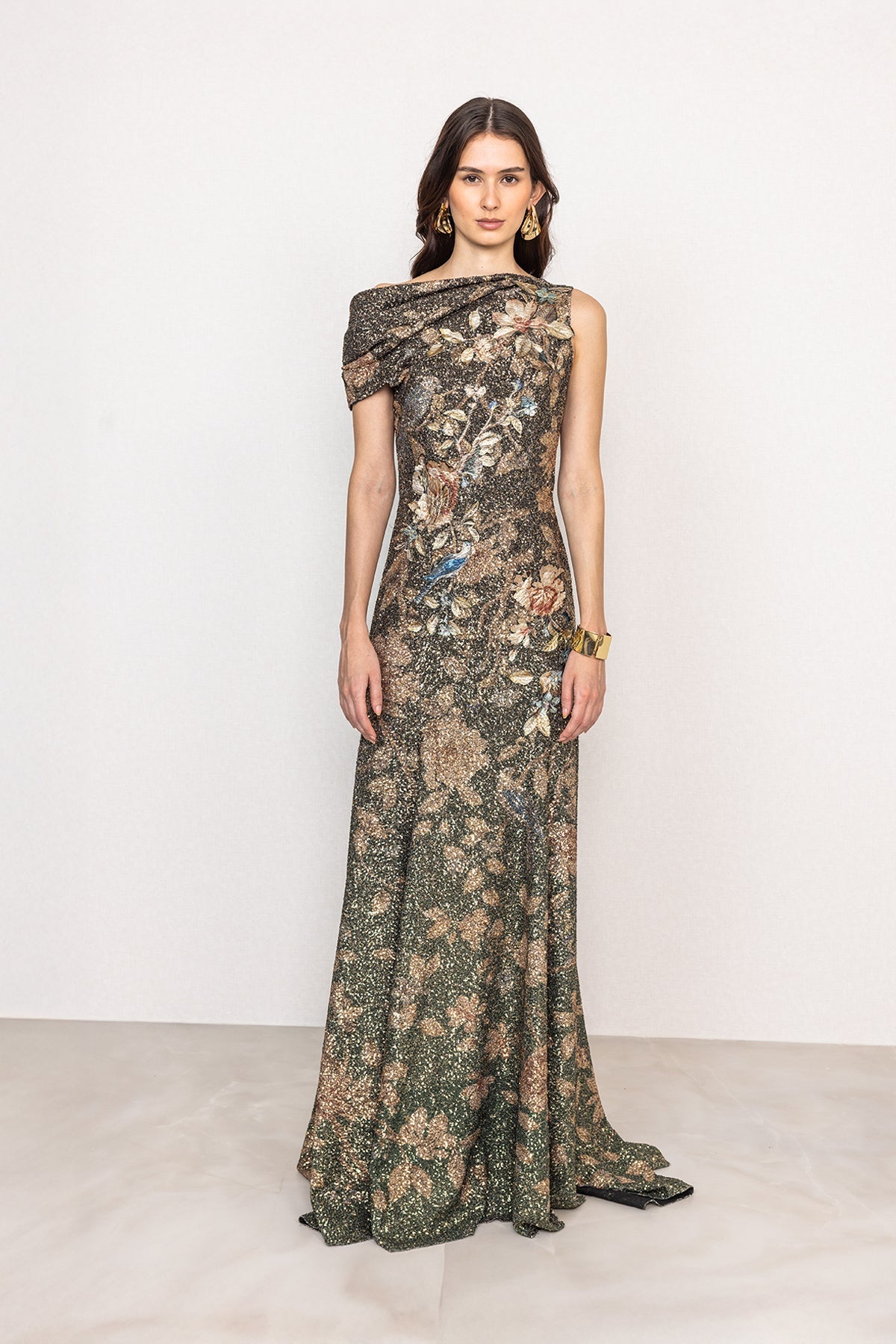 Ranna Gill Aureline Hunter Green Floral One Shoulder Sequin Gown.