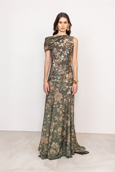 Ranna Gill Aureline Hunter Green Floral One Shoulder Sequin Gown.