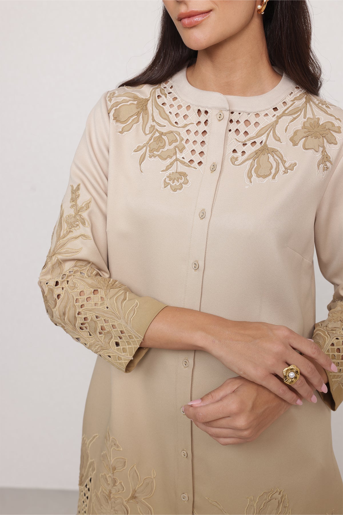 Ranna Gill Azira Golden Tunic Set with tonal embroidery & bishop sleeves.