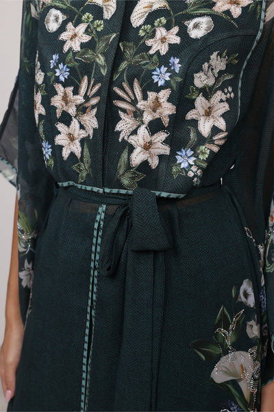 Ranna Gill Valdora Tunic Set in bottle green floral print with tonal belt.