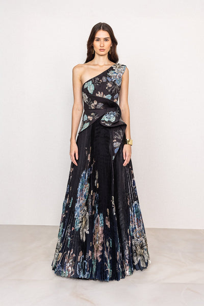Ranna Gill Selesta One Shoulder Pleated Designer Gown in black-blue ombre.
