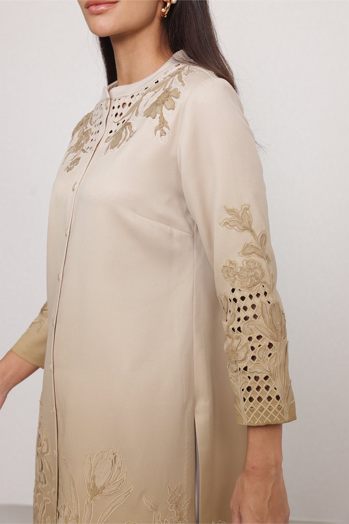 Ranna Gill Azira Golden Tunic Set with tonal embroidery & bishop sleeves.