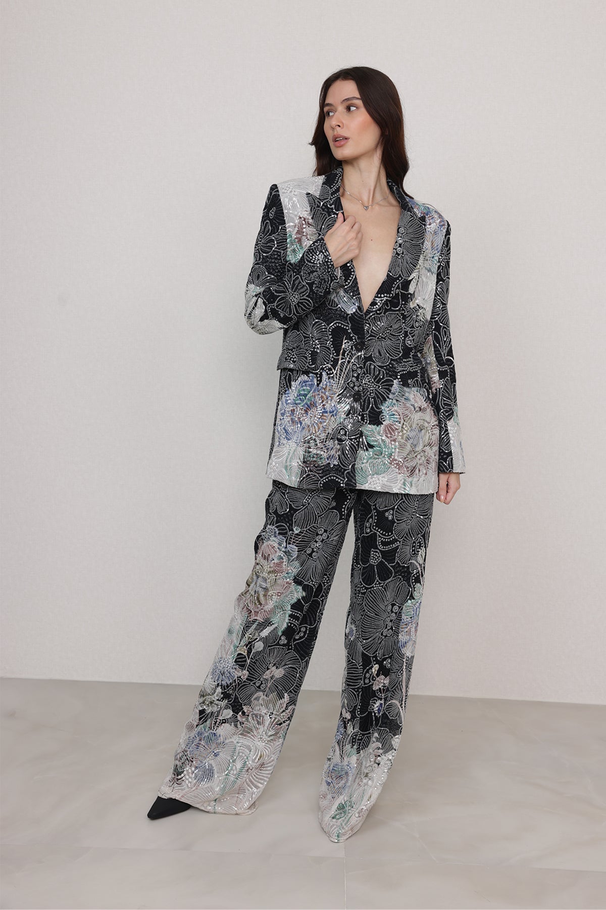 Ranna Gill Ellis Embroidered Floral Co-Ord Set in black with metallic floral embroidery.