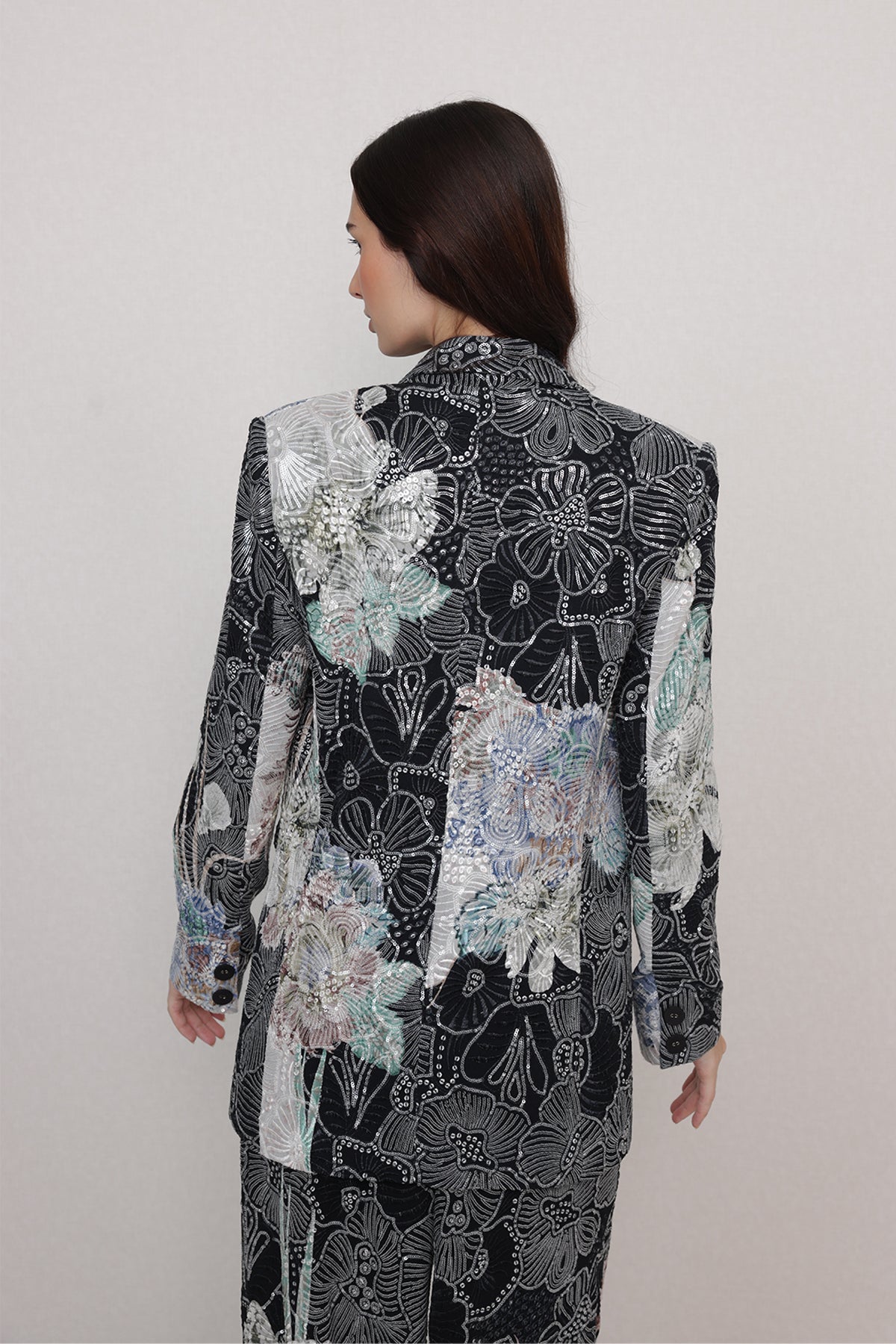 Ranna Gill Ellis Embroidered Floral Co-Ord Set in black with metallic floral embroidery.