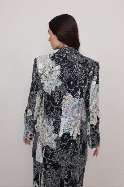 Ranna Gill Ellis Embroidered Floral Co-Ord Set in black with metallic floral embroidery.