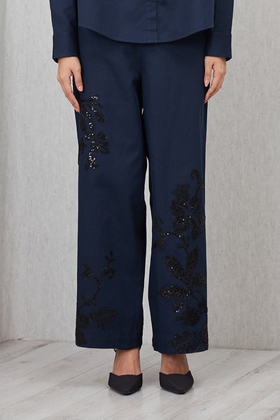Ranna Gill Tara High Waisted Pants in navy blue cotton twill with tonal applique.