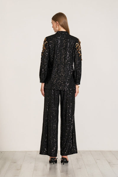 Ranna Gill Velden Sequin Pants in Black sequin.
