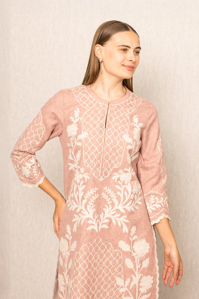 A pink floral embroidered Tunic Set