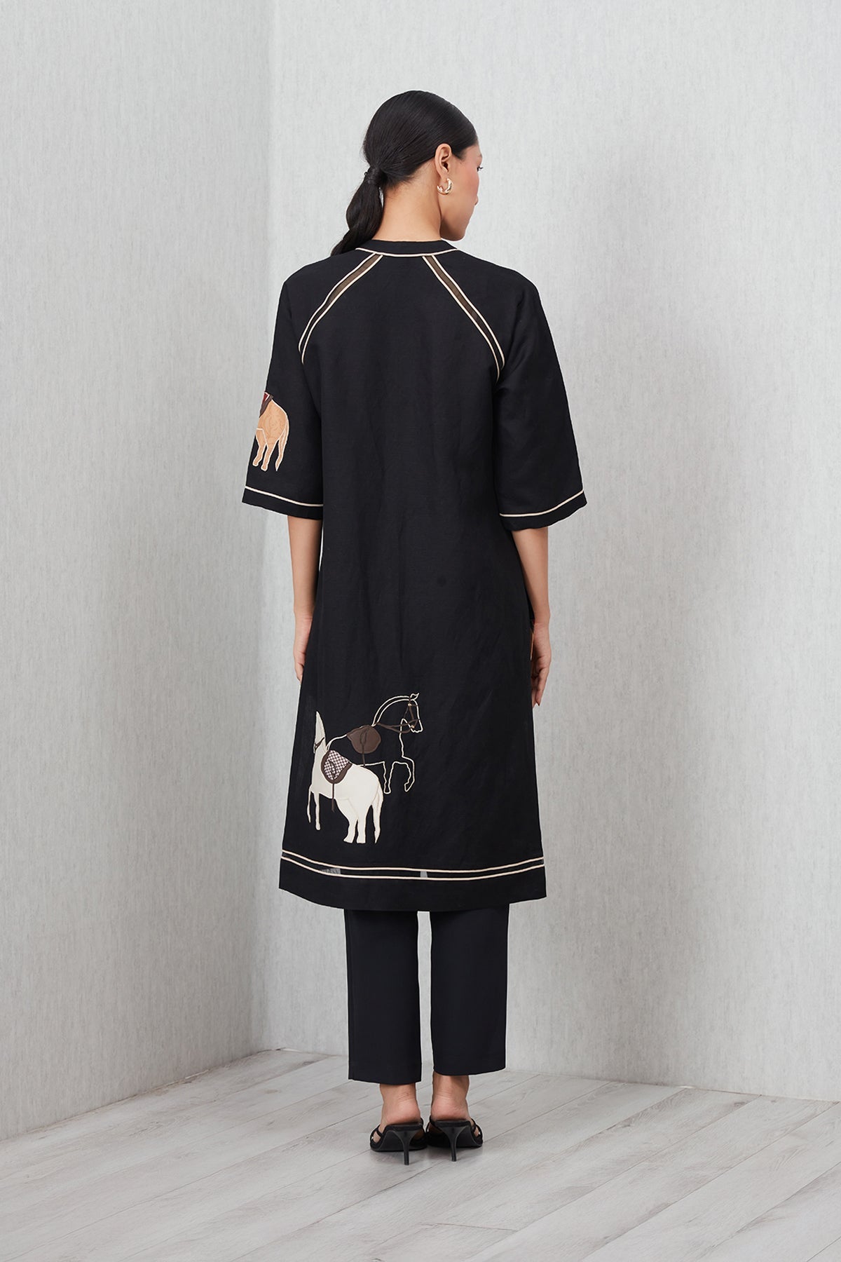 Ranna Gill Giara Black Viscose Linen Tunic with horse embroidery and contrast piping.
