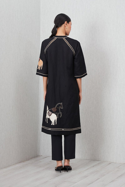 Ranna Gill Giara Black Viscose Linen Tunic with horse embroidery and contrast piping.