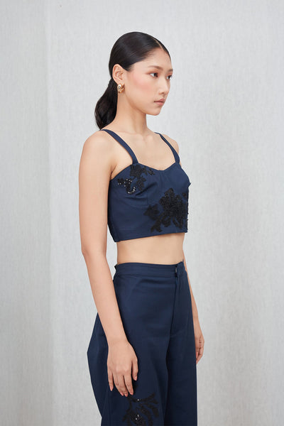Ranna Gill Tammie Bustier in navy blue cotton twill with tonal floral applique and sequins.